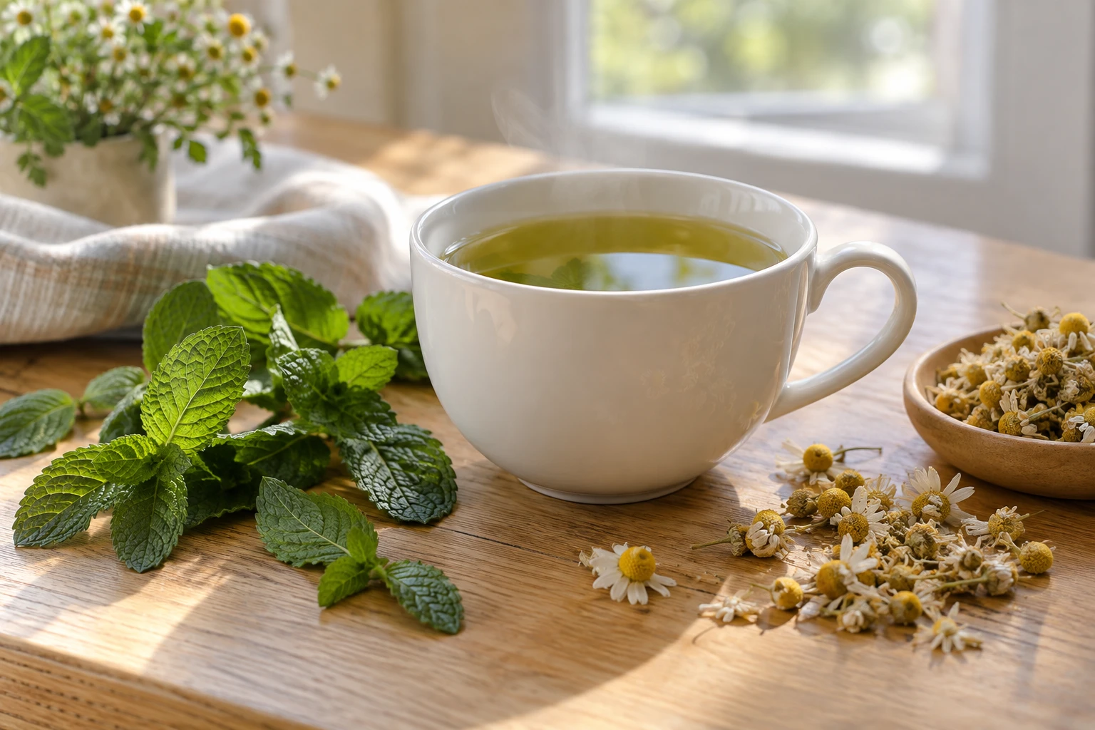 Tasse de thé ventre plat entourée de menthe et camomille sur table en bois