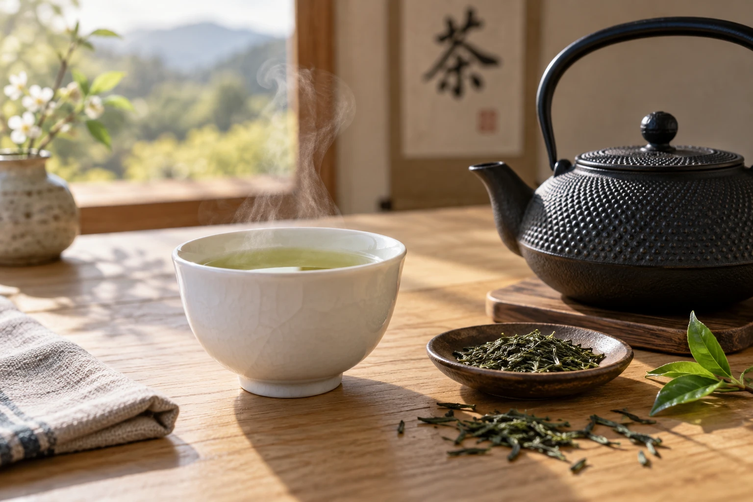 Tasse de thé vert fumante et feuilles de sencha sur une table en bois clair