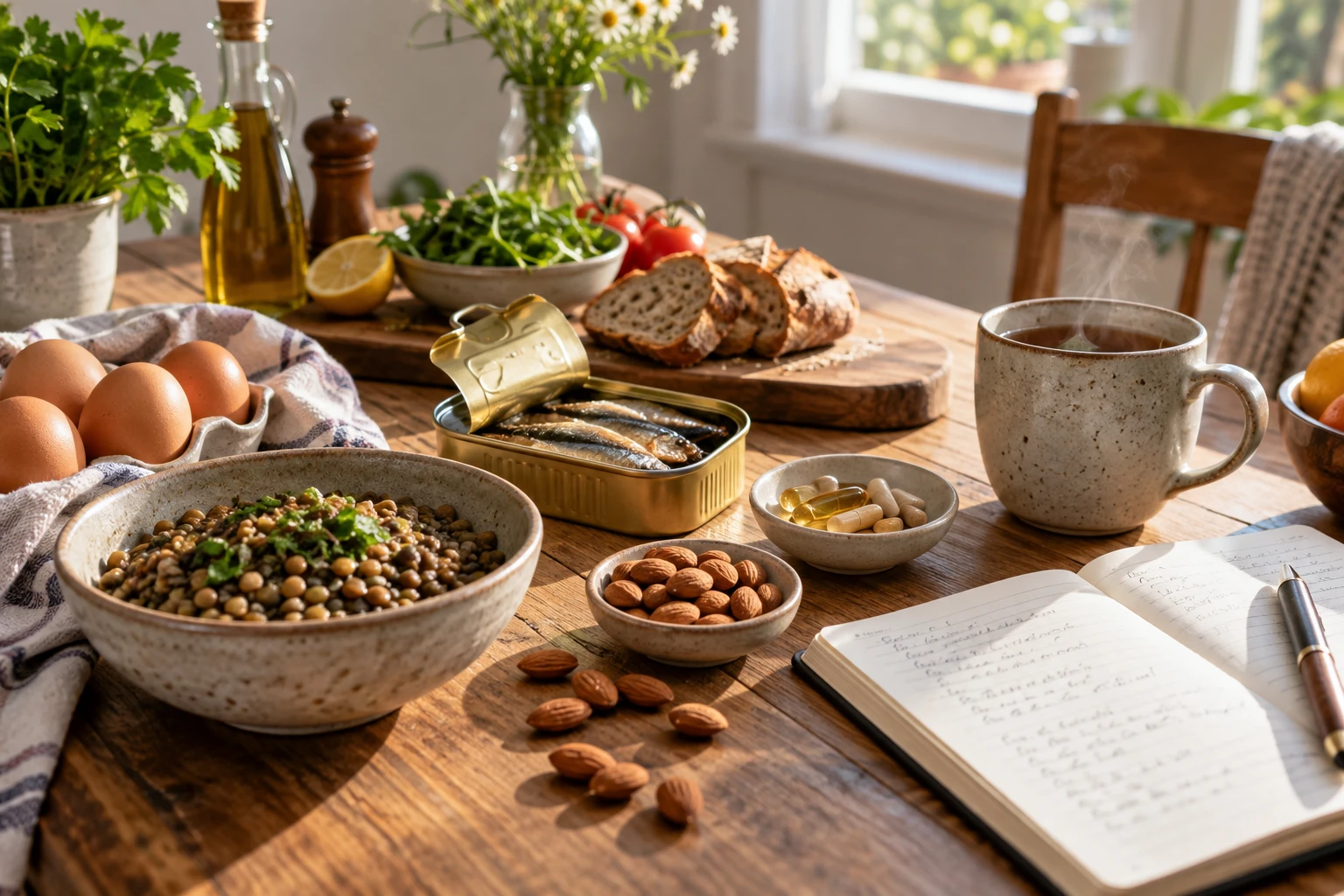 Aliments riches en vitamines pour la mémoire posés sur une table avec un carnet et une tasse