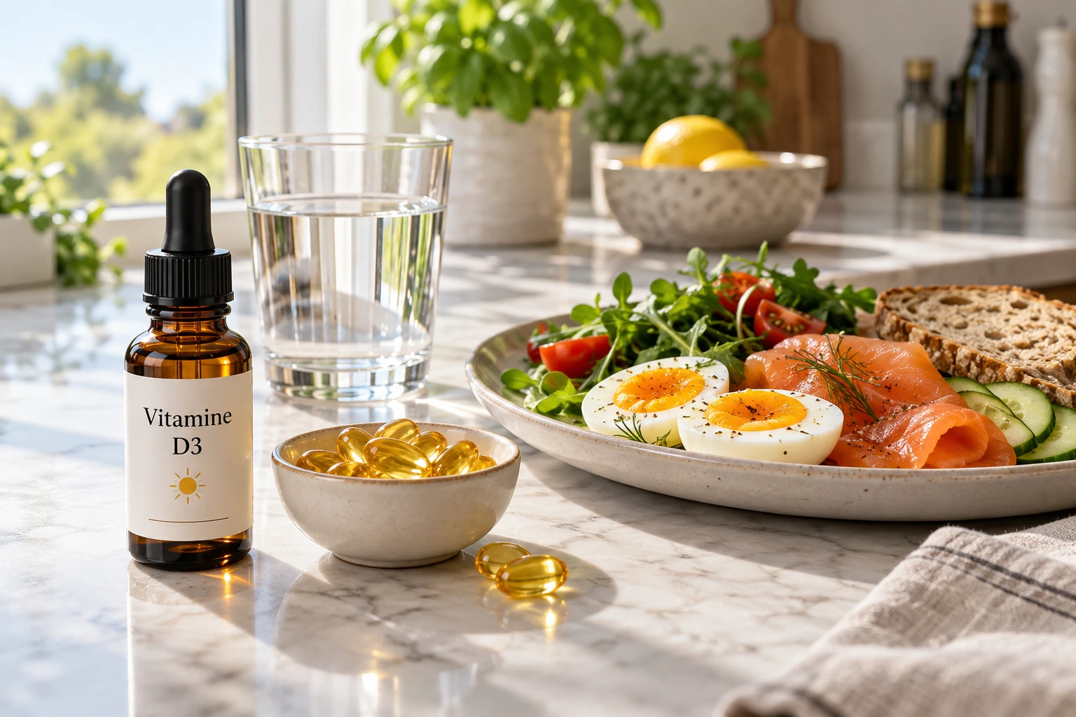Flacon de gouttes et capsules de vitamine D3 posés sur une table de cuisine avec un verre d'eau