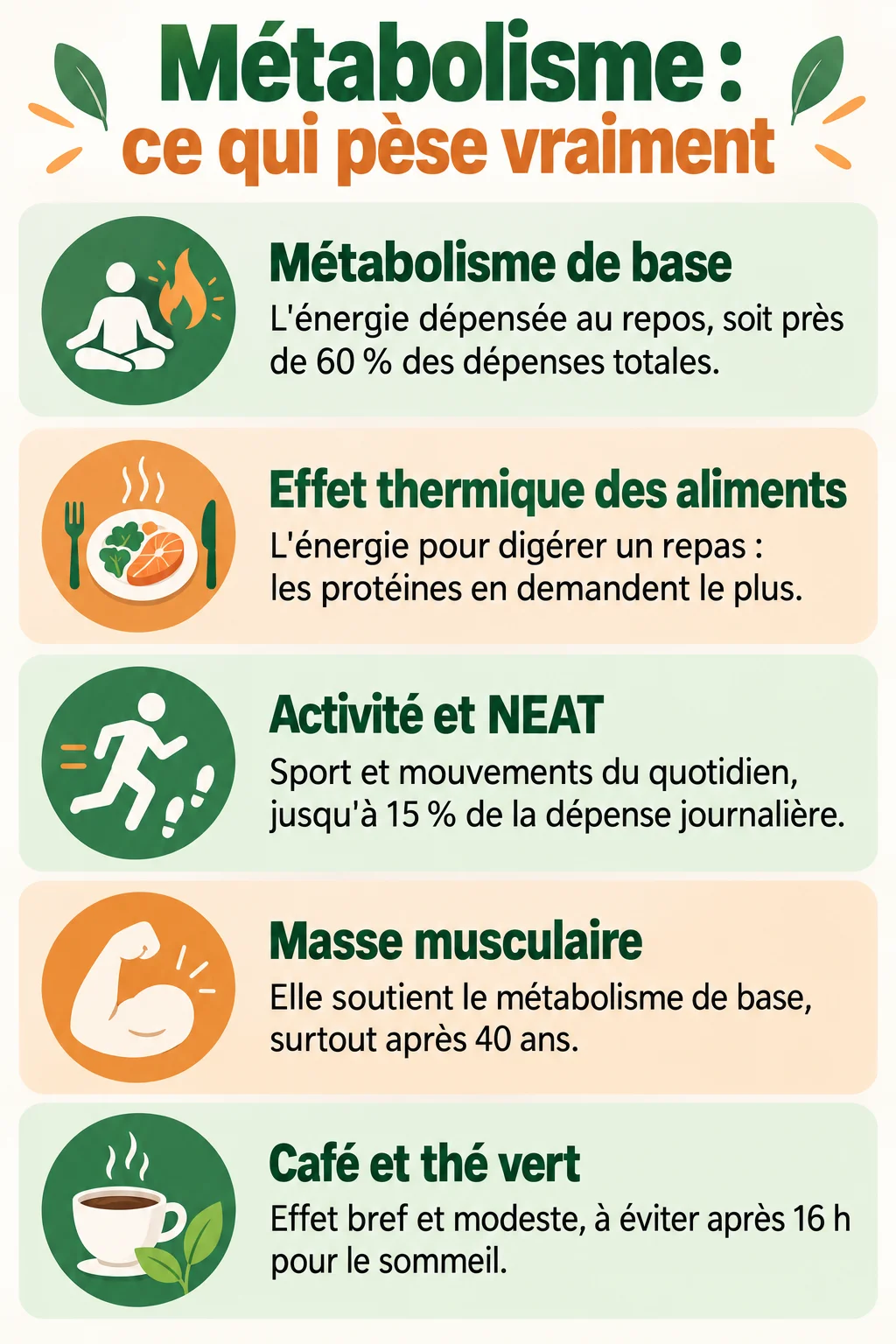 Métabolisme : ce qui pèse vraiment : Métabolisme de base, Effet thermique des aliments, Activité et NEAT, Masse musculaire, Café et thé vert