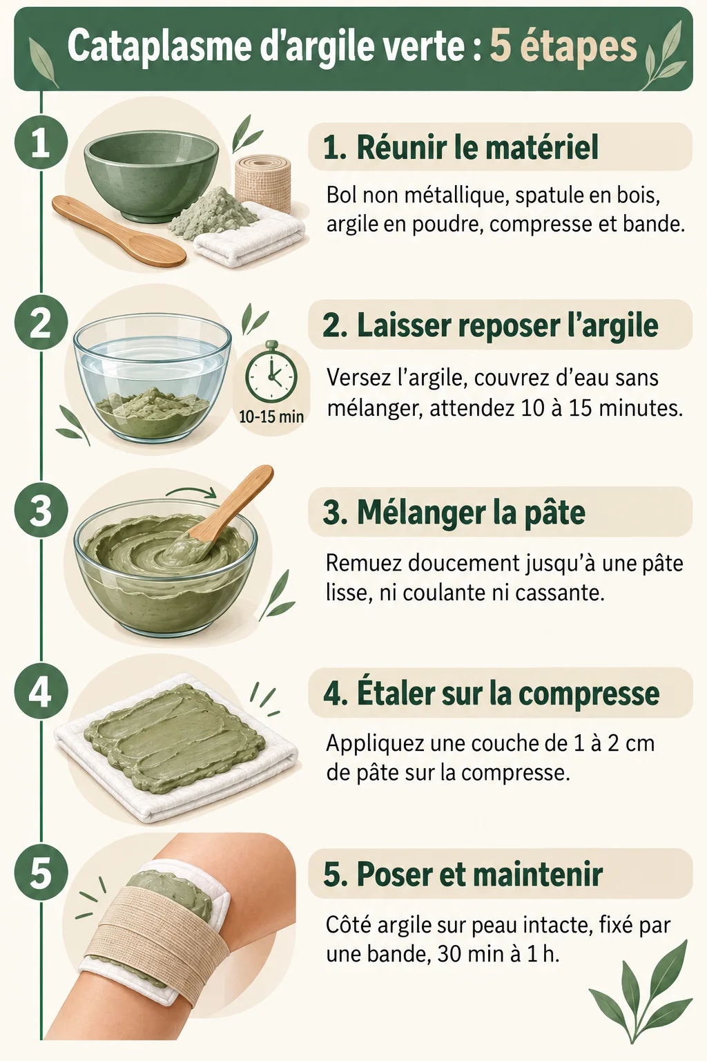 Cataplasme d'argile verte : 5 étapes : 1. Réunir le matériel, 2. Laisser reposer l'argile, 3. Mélanger la pâte, 4. Étaler sur la compresse, 5. Poser et maintenir