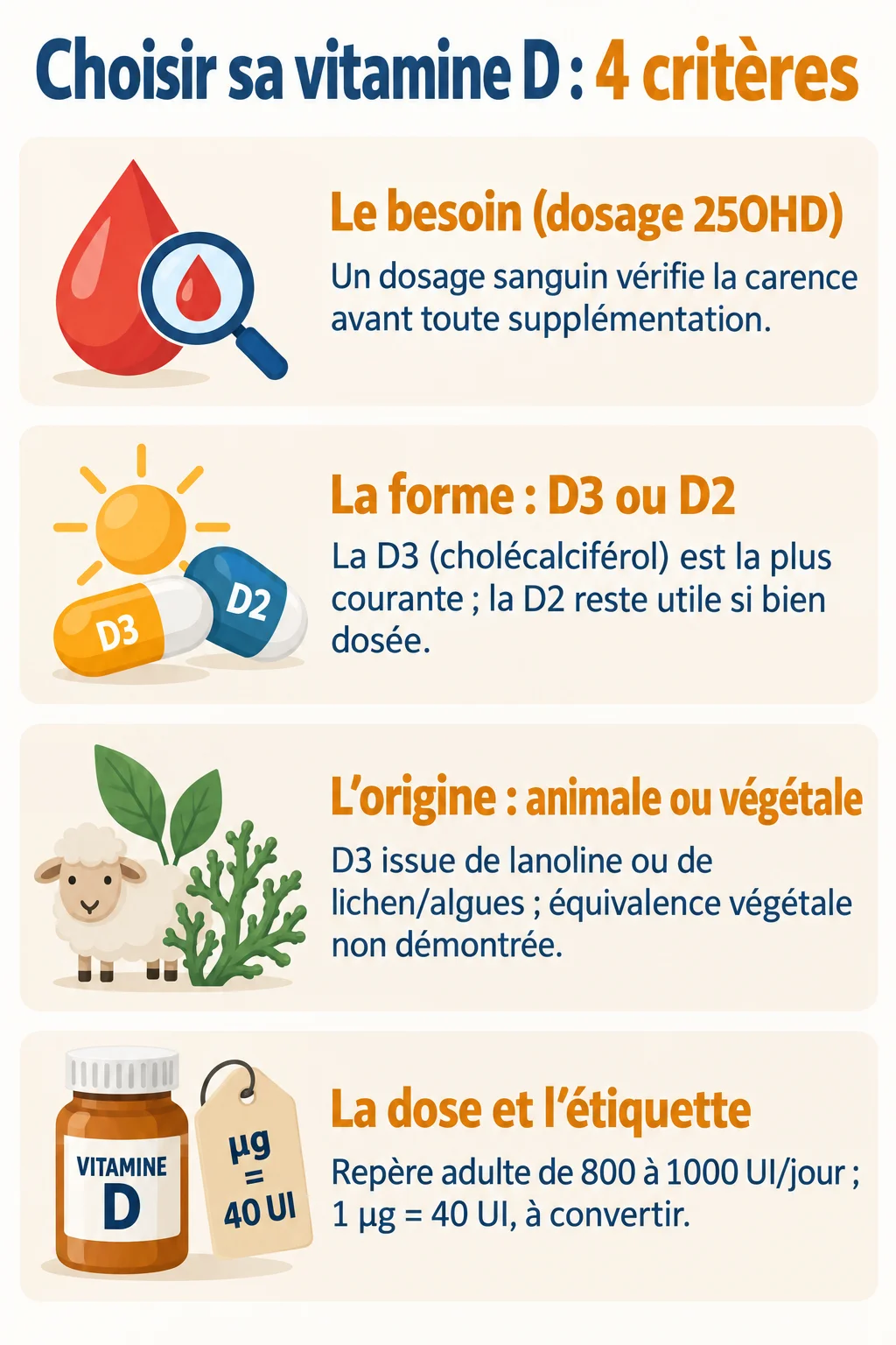 Choisir sa vitamine D : 4 critères : Le besoin (dosage 25OHD), La forme : D3 ou D2, L'origine : animale ou végétale, La dose et l'étiquette