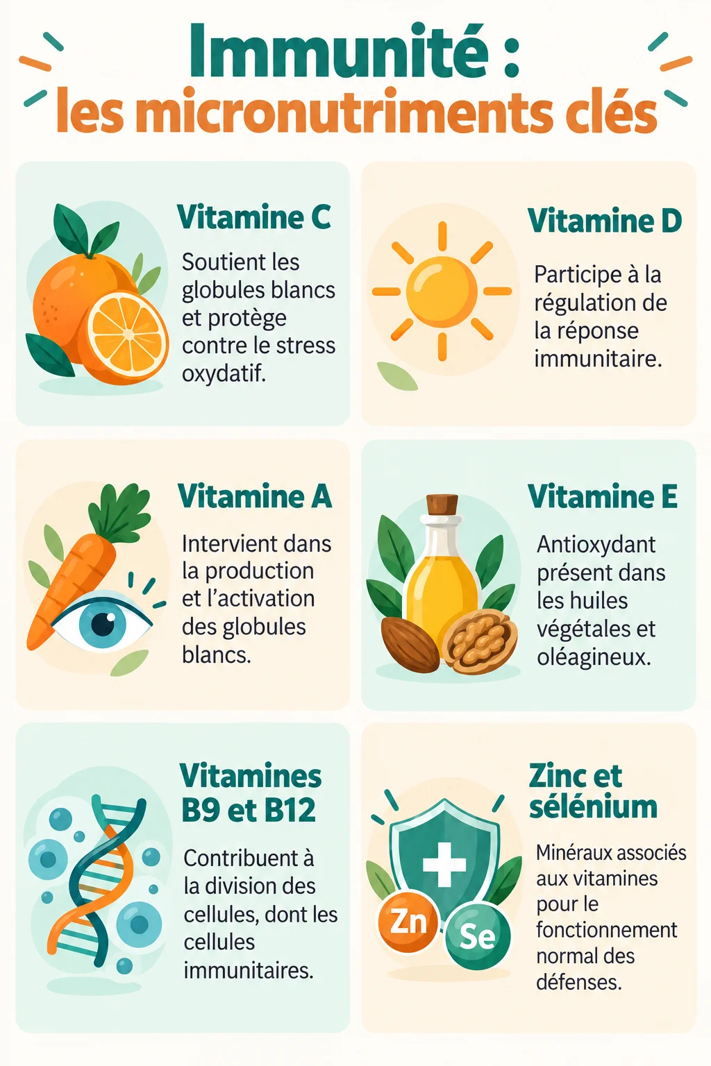 Immunité : les micronutriments clés : Vitamine C, Vitamine D, Vitamine A, Vitamine E, Vitamines B9 et B12, Zinc et sélénium