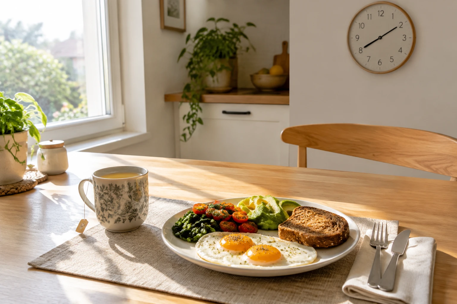 Table de cuisine avec tisane, repas équilibré et horloge illustrant les horaires du jeûne intermittent