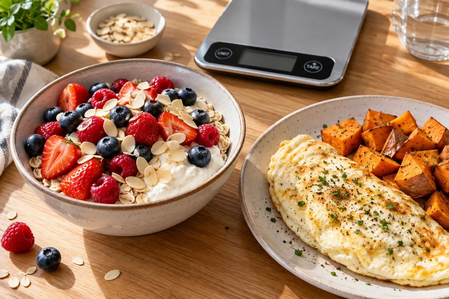 Bol de flocons d'avoine au fromage blanc et omelette pesés sur une balance de cuisine